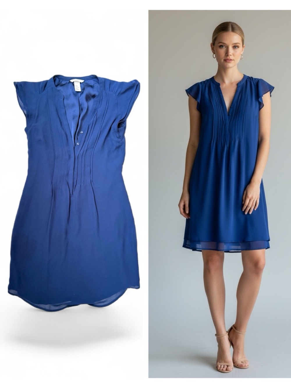 H&M Cobalt Blue Pleated V-Neck Shift Dress